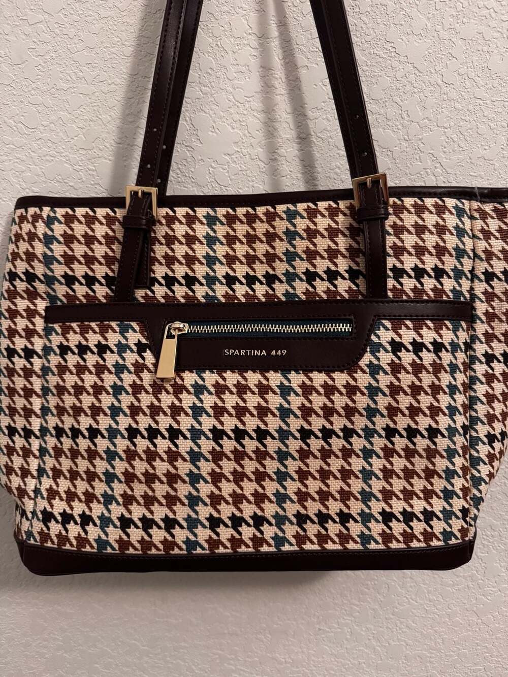 Spartina 449 Houndstooth Tote Bag Brown Leather Shoulder Purse